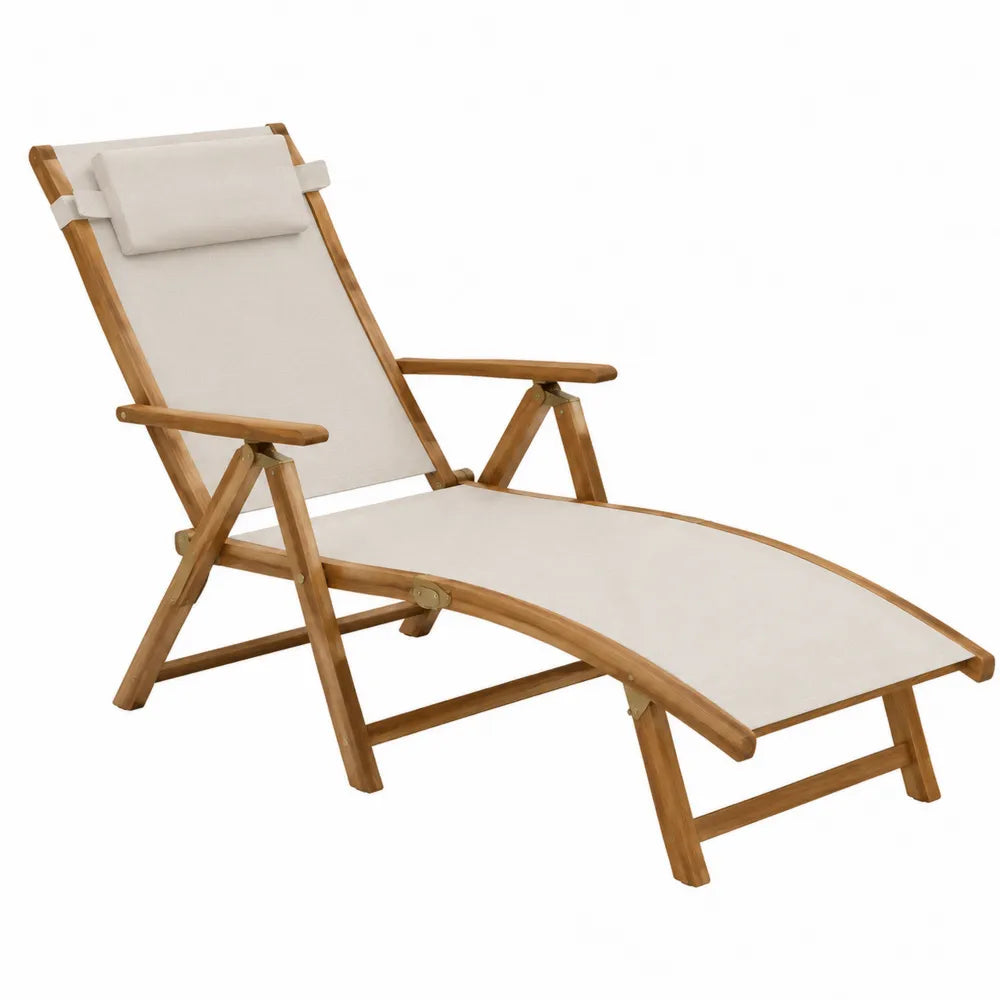 Chaise longue de jardin pliante 160 x 65 x 92 cm en acacia massif avec toile polyester écru et structure marron naturel