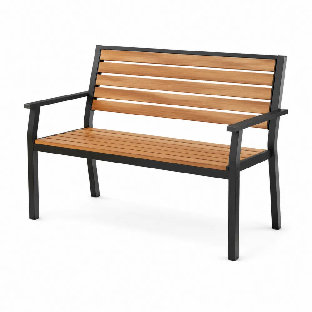 Banc de jardin 2 places avec accoudoirs en acacia et acier noir lattes bois naturel