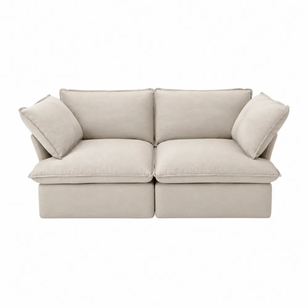 Canapé 2 places 180 x 95 x 78 cm revêtement polyester tissé beige structure bois massif coussins inclus
