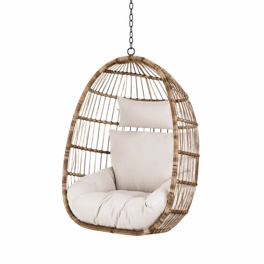 Fauteuil suspendu œuf de jardin 1 place en résine tressée avec coussins beige et chaîne acier