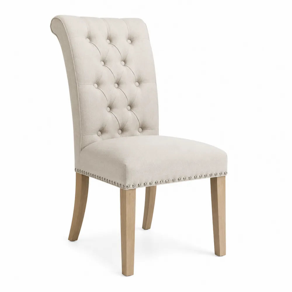 Chaise de salle à manger capitonnée en polyester tissé beige avec pieds en bois massif 52 x 64 x 103 cm