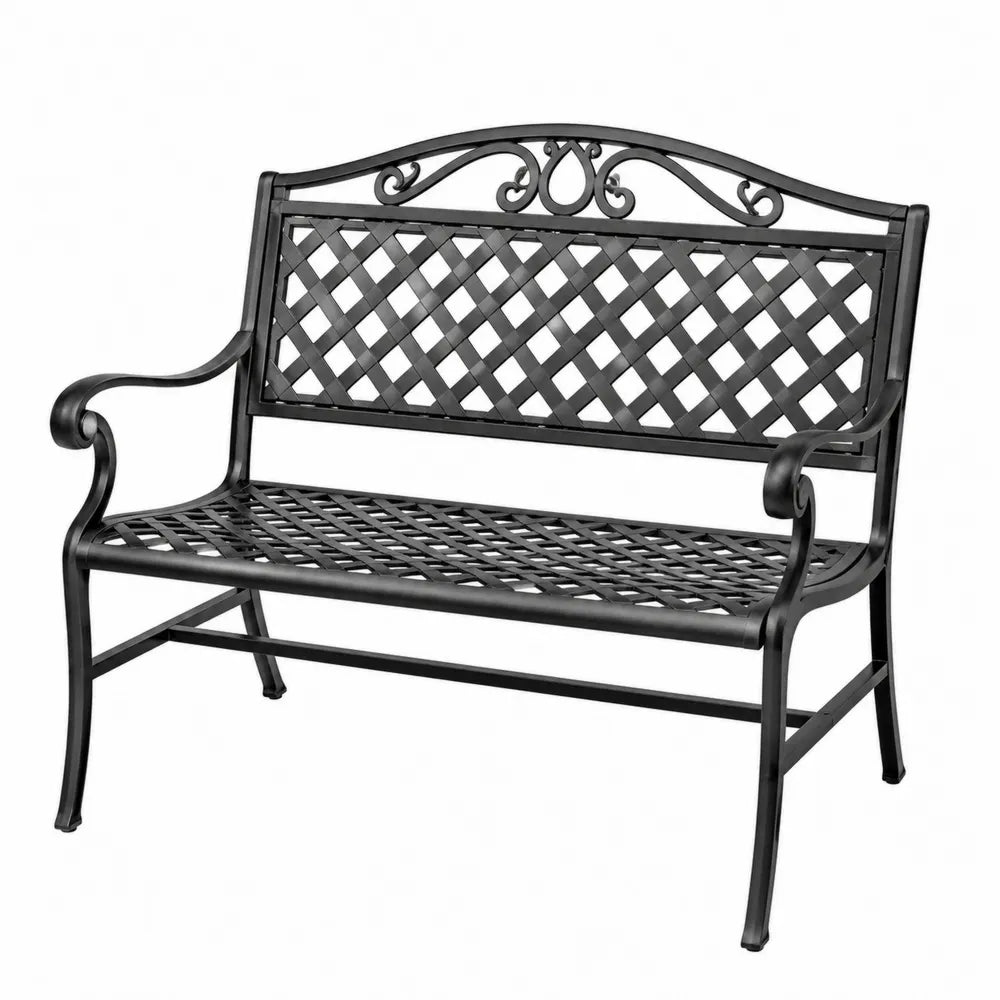 Banc de jardin 2 places en acier noir avec dossier décoratif à treillis 125 x 55 x 90 cm