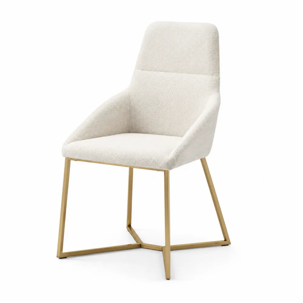 Chaise de salle à manger en tissu bouclé crème avec piètement luge en acier doré