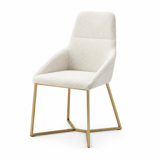 Chaise de salle à manger en tissu bouclé crème avec piètement luge en acier doré