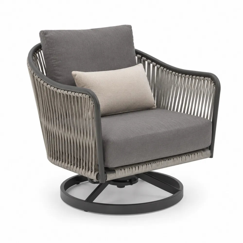Fauteuil de jardin pivotant 85 x 82 x 86 cm en corde polypropylène gris taupe avec coussins polyester gris et beige