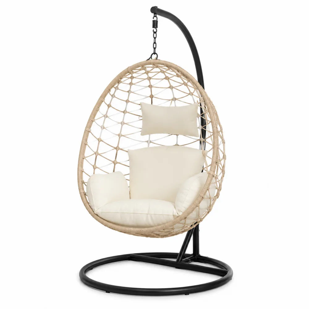 Fauteuil suspendu œuf avec support 105 x 95 x 195 cm rotin PE acier thermolaqué noir coussins polyester écru beige naturel