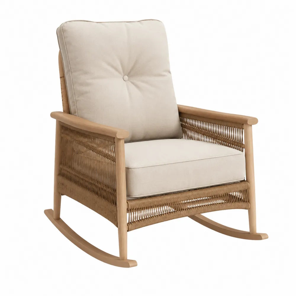 Fauteuil à bascule de jardin 76 x 95 x 92 cm acacia massif cordage polypropylène beige coussin écru