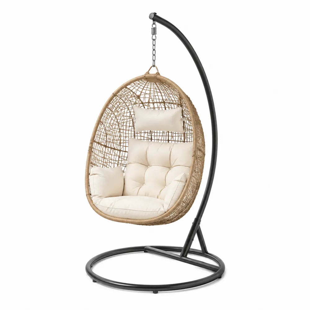 Fauteuil suspendu œuf de jardin avec support en acier noir résine tressée PE beige coussins écru 105 x 105 x 195 cm