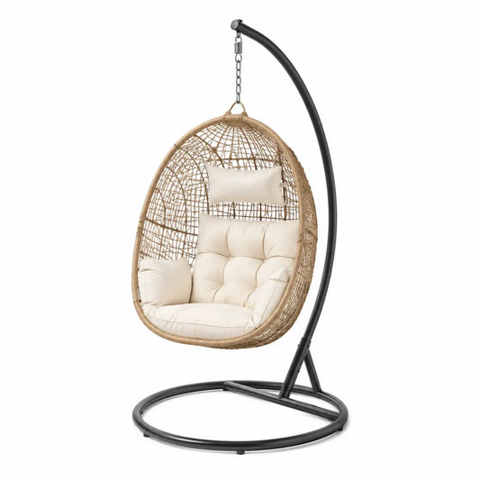 Fauteuil suspendu œuf de jardin avec support en acier noir résine tressée PE beige coussins écru 105 x 105 x 195 cm