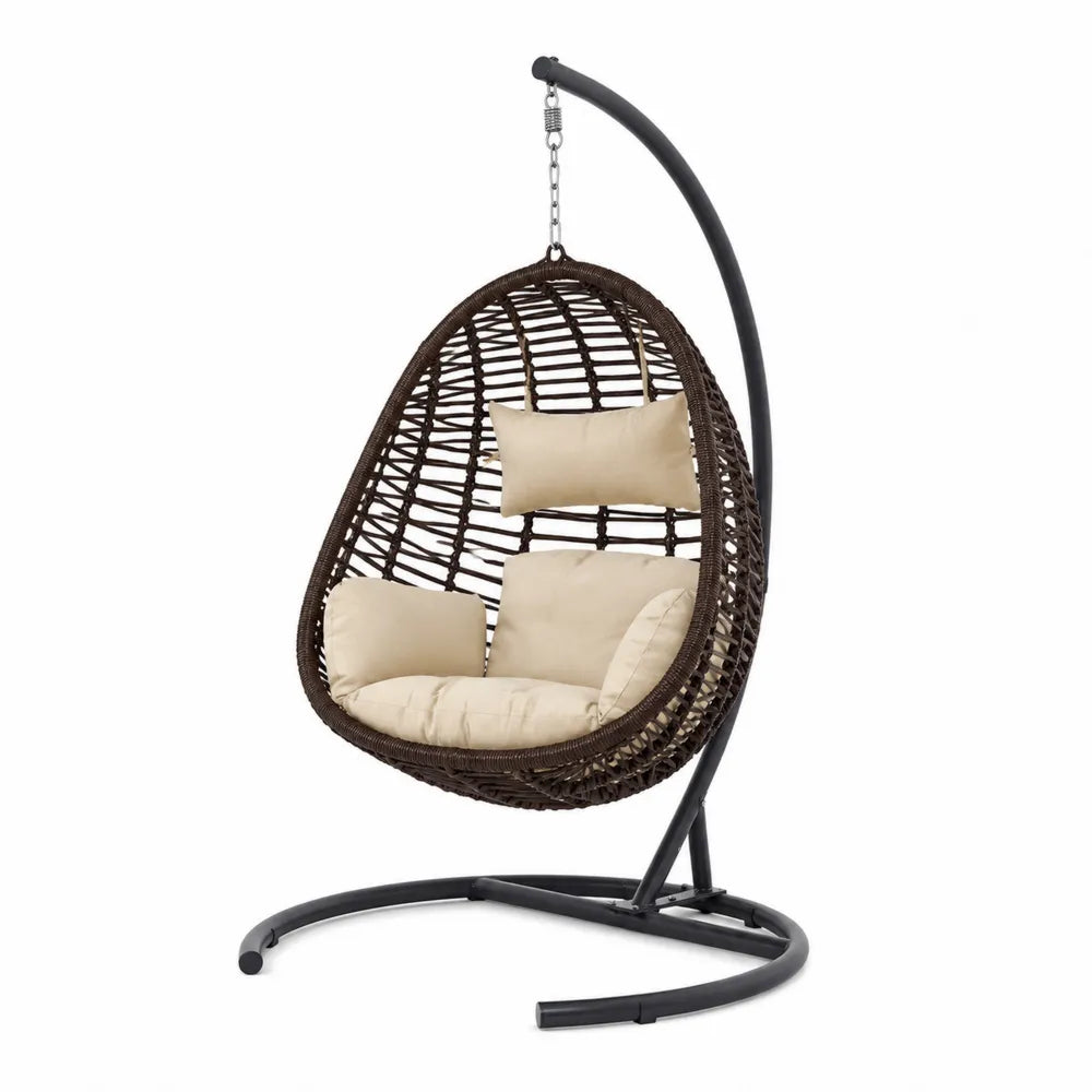 Fauteuil suspendu œuf de jardin avec support en acier 105 x 95 x 195 cm résine tressée PE brun foncé coussins polyester crème